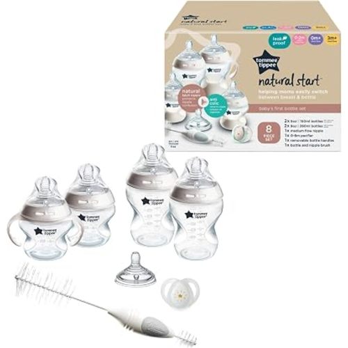 Tommee Tippee Natural Start Baby's First Bottle and Pacifier 8 Piece Set, 2 x 5oz and 2 x 9oz Anti-Colic BPA Free Bottles, 1x Medium Flow Nipple, 1x 0-6 Month Pacifier, Clear