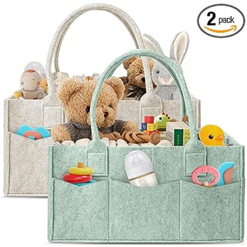 HIPHOP PANDA 2-Pack Diaper Caddy Organizer - Nursery Storage Bin & Car Organizer for Diapers, Wipes, and Baby Essentials - Dual-Color Solid Set (Green/Oatmeal), Regular Size