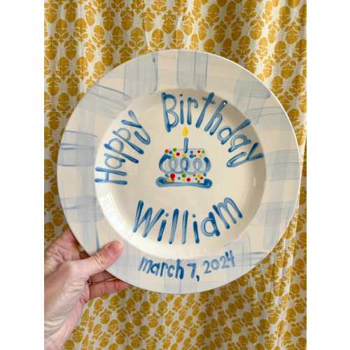 Personalized Preppy Birthday Plate: Blue Gingham Ceramic, First Birthday Gift