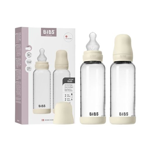 BIBS Baby Glass Bottle 2-Pack 240 ml. Anti-Colic. Vented Round Silicone Nipple. Supports Natural Breastfeeding, Complete Set - 240 ml (Pack of 2), Ivory