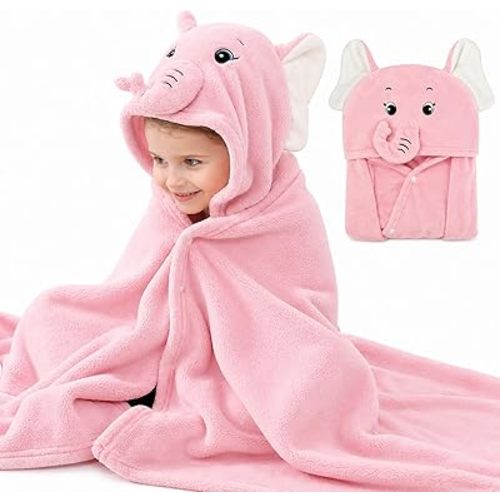ROMASA Baby Bath Towel Ultra Soft Hooded Towel Highly Absorbent Bathrobe Blanket Toddlers Shower Gifts for Boys Girls-27.5" x 55" (Pink Elephant)