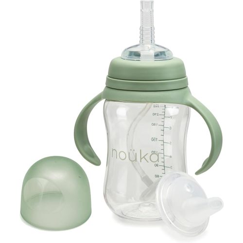 nouka Tritan Plastic Transitional Sippy Cup with Weighted Straw | Leak Proof and Easy Grip | Removable Handles | Moss