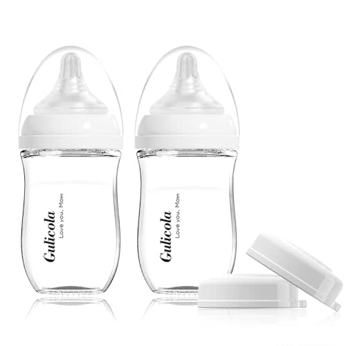 Gulicola Natural Glass Baby Bottle for Breastfeeding Babies, Newborn Anti-Colic Bottle Set with Slow Flow Nipple, 0-3 Months, 5 oz, 2 Pack - White