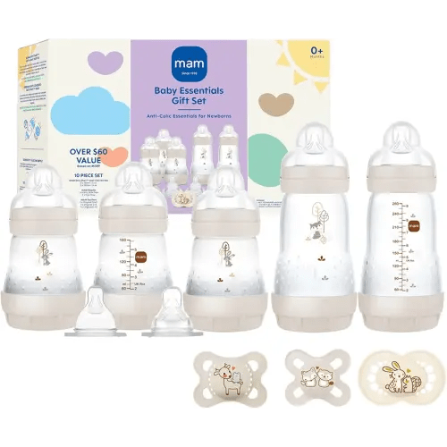 MAM Newborn Essentials Matte Feeding Set with Easy Start Anti-Colic Bottles 5oz, Self-Sterilizing, 0-3 Months Pacifiers and Skinsoft Silicone Nipples, Baby Gift, 10 Pieces