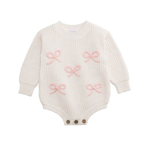 Mud Pie Baby Girls Long-Sleeve Chain-Stitched-Bow Sweater-Knit Bodysuit