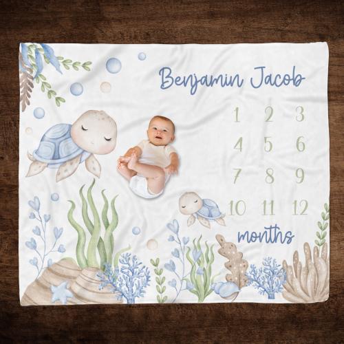 SEA TURTLE MILESTONE Blanket, Blue Under The Sea Ocean Baby Growth Blanket, Baby Boy Personalized Turtle Month Blanket, Newborn Boy Keepsake