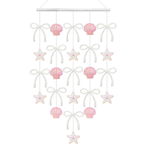 CroBlissful Beach Seashell Wall Hanging Nursery Decor Ocean Wall Art Coastal Nautical Decorations Pink Shells Starfish Pearl Bow Garland Coquette Home Decor 15"x27" for Bathroom Bedroom Living Room