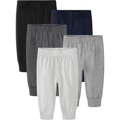 Cvaoo 5-Pack Unisex Baby Pants 0-24M, Cotton Baby Boy Girl Pants Pull-On Leggings for Infant Boys & Girls, Multicolor Black, Navy, Dark Gray, Gray, Ash Gray Set A 3-6M