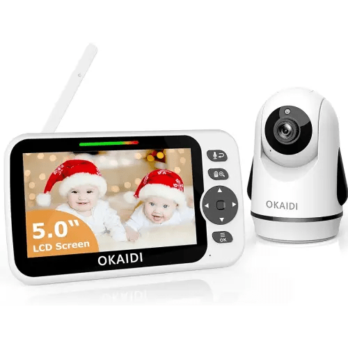 OKAIDI Video Baby Monitor with Camera and Audio, 5" Display Baby Monitor No WiFi, 30H Battery and 8 Language Baby Monitor, Remote Pan-Tilt-Zoom 1000ft Range Baby Camera, Night Vision, 2-Way Talk, VOX