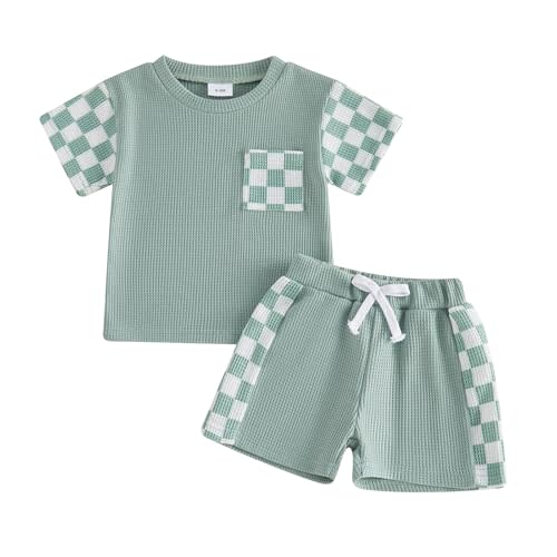allshope Toddler Baby Boy Summer Outfit Checkerboard Patchwork T Shirt Elastic Waist Shorts Newborn Infant Waffle Clothes Set