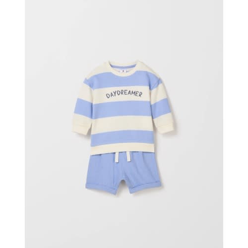 Organic Cotton Baby Crew Fleece Top and Short 2 Piece Set - Blue / Stripe