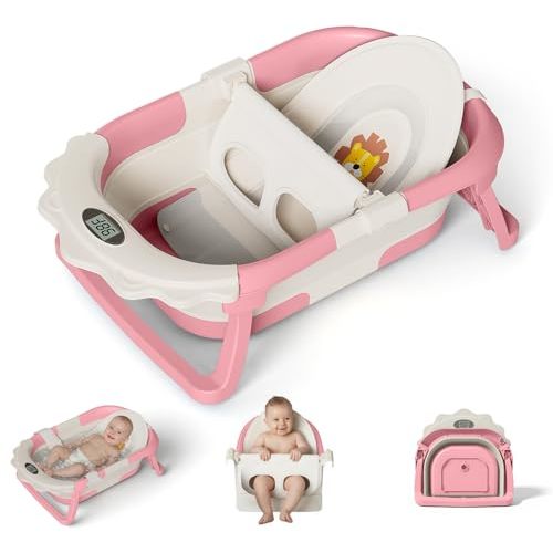 MoreFeel Foldable Baby Bathtub with Thermometer - 4-in-1 Grow-with-Me Collapsible Infant Tub (Newborn to Toddler) with Adjustable Mesh Sling - Space Saving Design