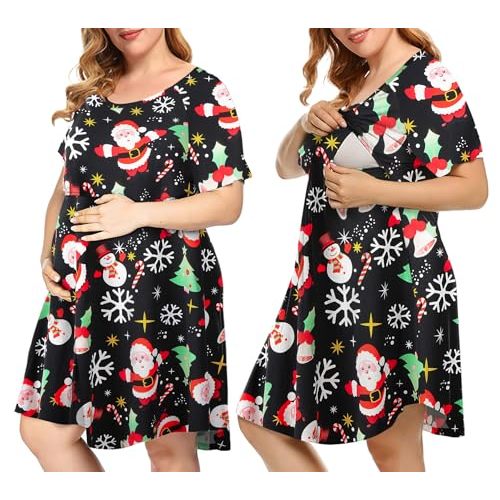 MONNURO Plus Size 3 in 1 Labor/Delivery/Hospital Maternity Nightgown Dress | Soft Fabric,Maternity Nursing Dress with Pockets & Elastic Waistline,1XL-5XL,for Pregnant&Postpartum,Daily Wear,Loungewear