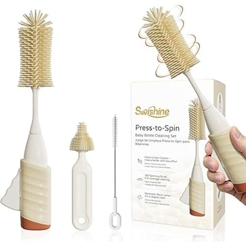 Baby Bottle Brush Set, Innovative Efficient Press-to-Spin Brush Cleaner - Includes Silicone Bottle Brush, Nipple Brush, Straw Cleaner - Spinning Generates Rich Foam for Deep Cleaning, Red