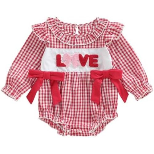 MoZiKQin Baby Girl Valentines Day Outfit Love Heart Bubble Romper Long Sleeve Ruffle Jumpsuit Boutique Clothes