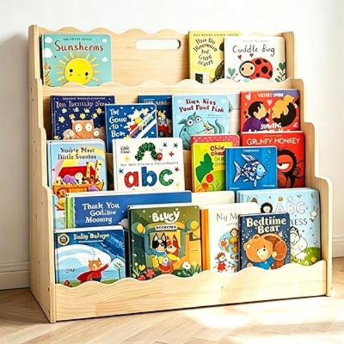 LINMAGCO Scalloped Kids Bookshelf, 3-Tier Montessori Toddler Bookcase, Front-Facing Book Organizer with Handle, Solid Pine Wood, Nursery Book Shelves for Bedroom Playroom Classroom & Reading Corner