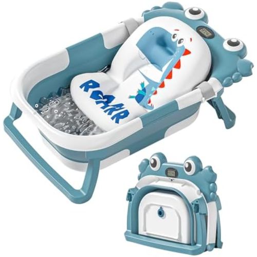 Collapsible Baby Bathtub for Newborns with Thermometer and Soft Floating Cushion Portable and Foldable Travel Baby Girl Bath Tub for Infants to Toddler 0-36 Month (Blue)