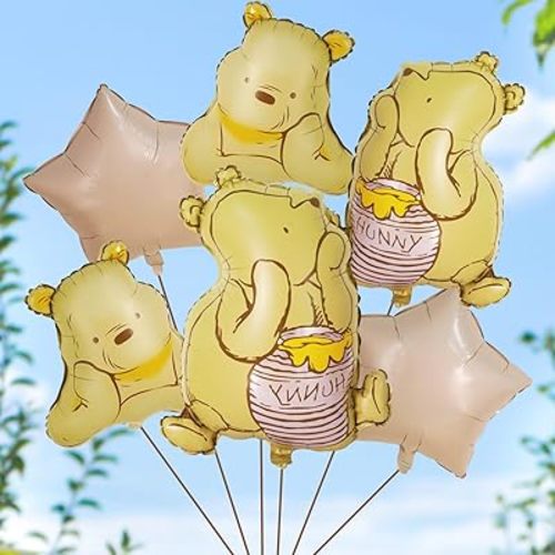 6Pcs Winnie Balloon Set – 3D Foil Pooh Bear Balloons for Winnie Baby Shower & Birthday Decorations, Vintage Classic Party Decor