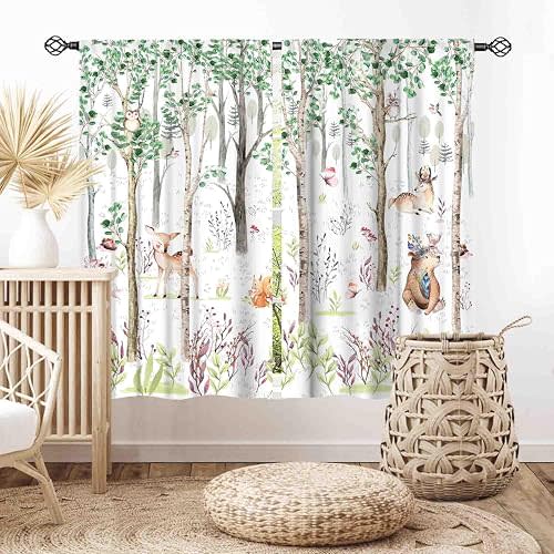 Woodland Curtains for Kids Room Nursery, Rustic Woodland Wild Animals Watercolor Forest Bear Deer Fox Country Blackout Window Draeps for Baby Girls Boys Bedroom Living Room 2 Panels Set, 42"x45" Inch