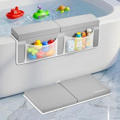 Bath Kneeler and Elbow Rest Pad Set-Baby Bath Kneeler with 1.5'' Comfortable Thick Memory Foam Cushion, Non-Slip Knee & Arm Support for Baby Bath Time,Foldable Bath Mat for Baby with Storage Pockets