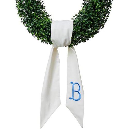 Monogram Wreath Sash for Front Door, White Embroidered Linen Wreath Sash, Porch Accessory for Xmas Party Yard, Wedding, and Boxwood Decoration, Indoor Outdoor Décor - (B)