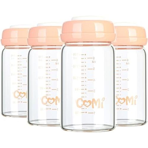 COMI 4 Packs Wide Neck Glass Storage Bottles, 6oz | Fits Breast Pumps | BPA Free | with Screw Ring | Re-markable Sealing Disc | 4 Pink Lids