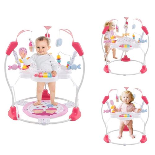 HONEY JOY Baby Bouncer Activity Center, Infant Jumper and Table w/ 360° Rotary Seat, 3 Adjustable Heights, Mat, Music, Lights, Sounds & Developmental Toys, Activity Center for Babies (Pink)