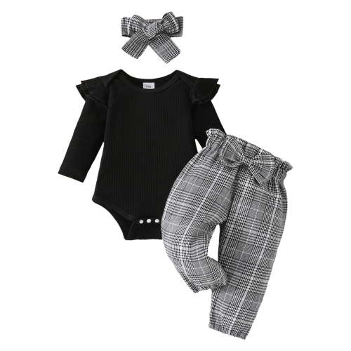 Splozh Baby Toddler Girl Clothes Outfits Girls Two Layer Flying Sleeves Long Sleeved Romper with Plaid Bow Trousers and Headscarf Three Piece Set Black,3-6 Months