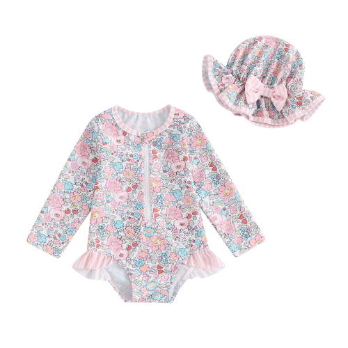 Elippeo Baby Girl Rash Guard Swimsuit 6 9 12 18 24 Months 3 Years Long Sleeve Floral Print Bathing Suit Infant Swimwear with Bowknot Sun Hat
