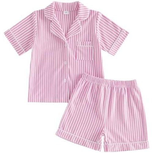 Kuriozud Toddler Baby Girl Pajamas Set Summer Floral Short Sleeve Button Down Shirt Top and Shorts 2pcs Pjs Sets Sleepwear