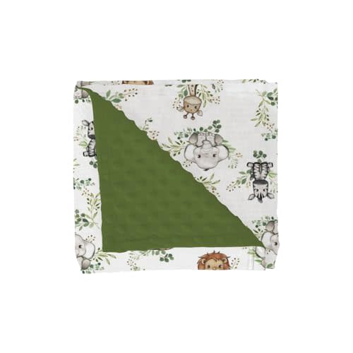 Cute Jungle Safari Animals Green Leaves Baby Blankets for Girl Boy Lion Giraffe Elephant Zebra Soft Mink Dotted Backing Double Layer Swaddle Blanket Bed Throw for Newborn Infant Toddler Nursery 30x40