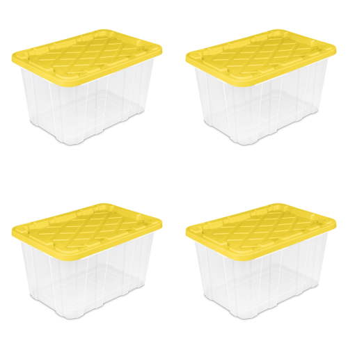 Sterilite Large Storage Bin, 27 Gallon Clear Plastic Storage Container with Snap-On Lid, Yellow, Industrial, Pack of 4
