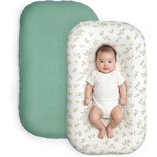 100% Muslin Cotton Baby Lounger Cover, Fits Most Infant Lounger-Sage Green