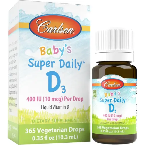 Carlson - Baby's Super Daily D3, Baby Vitamin D Drops, 400 IU (10 mcg) per Drop, 1-Year Supply, Vegetarian, Liquid Vitamin D Drops for Infants and Toddlers, Unflavored, 365 Drops