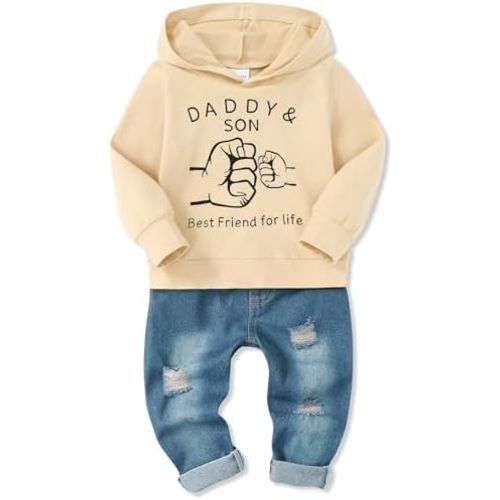 YALLET Toddler Baby Boy Clothes, Long Sleeve Letter Hoodies Top+Ripped Denim Pants 2pcs Fall Winter Outfit Sets