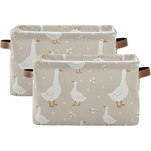 Aslsiy Storage Basket Cute White Gooses Nursery Bins Baby Box Canvas Clothes Shelf Basket Laundry Hamper Gift Basket for Home Closet 2 Pcs