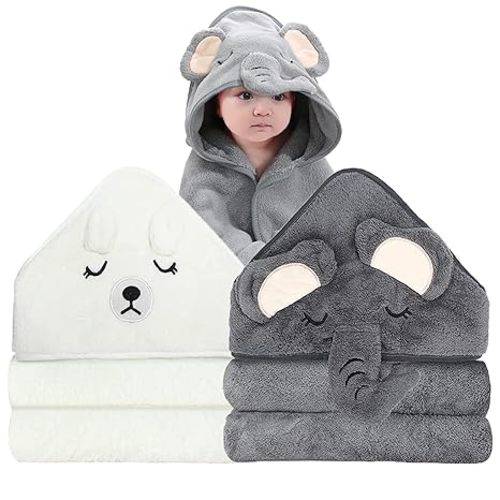 2 Pack Hooded Baby Towels - Premium Ultra Soft Organic Baby Bath Towel – Absorbent and Hypoallergenic Towels for Baby Boy Girl, Toddler, Newborn Essentials (Elephant & Bear)