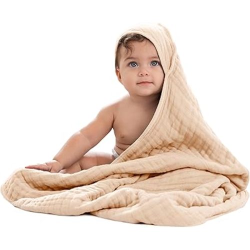 Comfy Cubs Hooded Baby Towel 1-Pack, Large 32 x 32 Inch - 6 Layer 100% Muslin Cotton for Babies, Toddlers and Kids - Soft & Absorbent Baby Bath Towels - Unisex Design for Bath Time - Cream