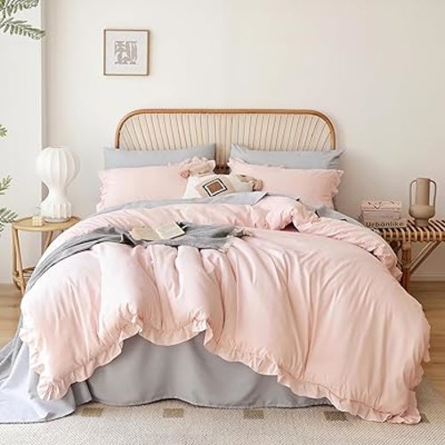 JANZAA Twin Comforter Set Pink Beding Set 2PCS (1 Ruffled Comforter Set and 1Pillow case) Fluffy Vintage Farmhouse Shabby Chic Bedding Soft All Season