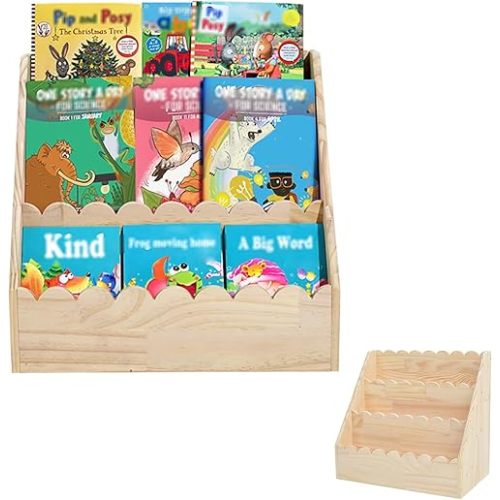 Kids Bookshelf - 3-Tier Wooden Book Shelf for Kids Rooms, Nursery & Toddlers | Montessori Bookcase with Deep Storage Pockets, Baby Book Storage, Children's Bookshelf for Nursery & Bedroom (Small)