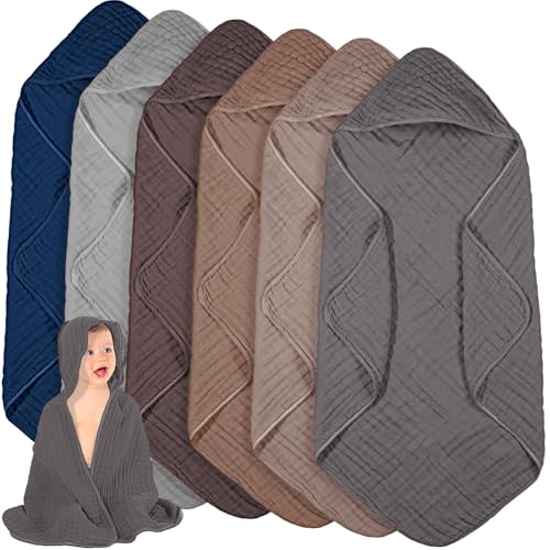 Peryiter 6 Pcs Muslin Hooded Baby Towels for Girls Boys Newborn Toddler 32 x 32 Inch Cotton Infant Swaddle Blankets Bath Essentials, Soft and Absorbent (Gray Series)
