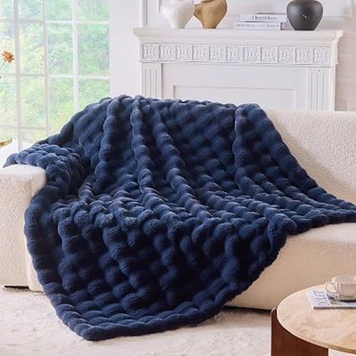 Fluffy Faux Fur Throw Blanket for Couch, Soft Plush Thick Cozy Fuzzy Luxury Minky Bubble Blanket for Home Living Room Decor Gift for Women, Navy Blue, 63" x 80", 1100GSM
