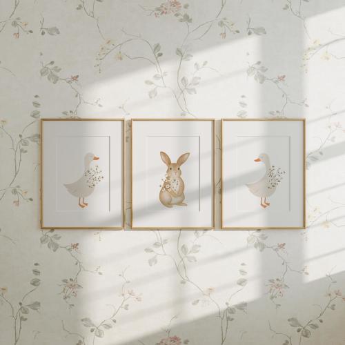 Goose and Bunny Nursery Print Set, Cottagecore Kid Room Decor (Digital Download)