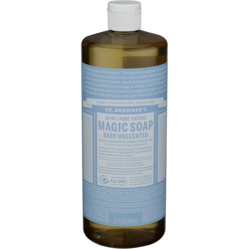 Dr. Bronner's - Pure-Castile Liquid Soap (Baby Unscented, 32 Ounce) - Made with Organic Oils, 18-in-1 Uses: Face, Hair, Laundry, Dishes, For Sensitive Skin, Babies, No Added Fragrance, Vegan, Non-GMO