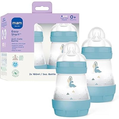 MAM 5oz Easy Start Anti-Colic Wide Neck Vented Baby Bottle, Slow Flow Breastfeeding-Like Nipple,Reduces Colic Gas & Reflux, Easy Clean, BPA Free,0+ Months, Made in Europe