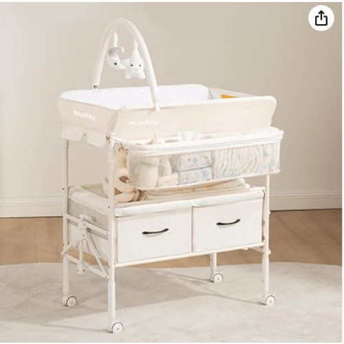 Baby Changing Table with Wheels, Maydolly Portable Foldable Changing Table, Waterproof Diaper Changing Station, Adjustable Height Changing Station, Mobile Nursery for Newborn and Infant (Beige)
