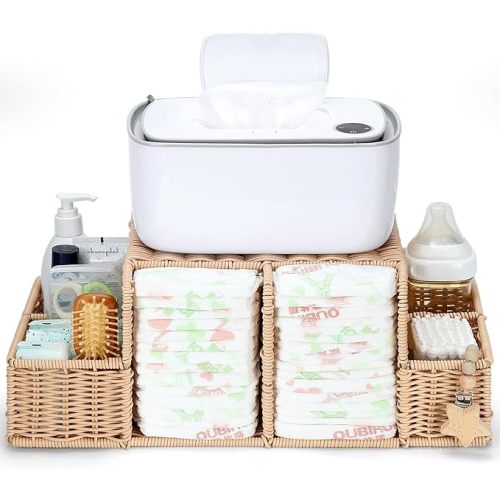Panier de rangement pour couches en rotin fait à la main pour les essentiels de bébé, organisateur de table à langer, parfait assistant de chambre d'enfant (rotin massif, L)