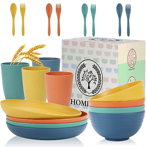 Wheat Straw Plates and Bowls Sets Unbreakable Dinnerware Set 20 PCS Dish Set for Camping, Party, Picnic Microwave and Dishwasher Safe Kitchen Dinner Set Apartment Essentials (Multicolor)