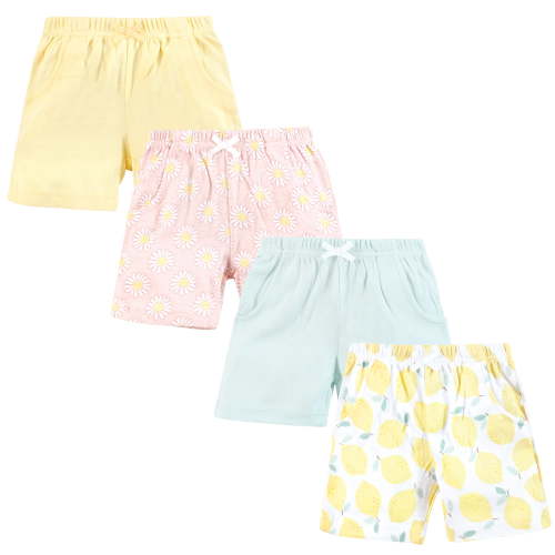 Hudson Baby Infant Girls Shorts Bottoms 4-Pack, Lemon Daisy, 12-18 Months