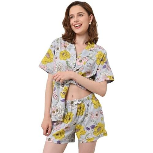 NAP BOUND 100% Cotton Pajamas for Women Sets 2 Pieces Pjs Button short sleeves with Pockets Soft Sleepwear Loungewear XS-XXL